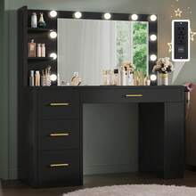 Large Vanity Desk With Large Lighted Mirror 11 Lights Makeup Vanity Table With 4 Drawers & 3 Storage Shelves, Makeup Vanity Desk, Vanity Table Set For Bedroom Black - 黑色 - 查看 9