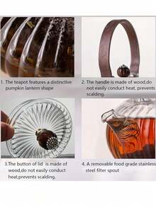 1pc High Heat Resistant Glass Teapot With Filter, Wooden Handle, Thick Glass, Home Use Tea Pot