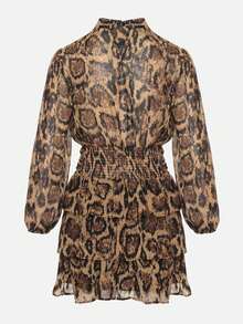 Leopard Print Flared Dress With Stand-Up Collar And Ruffles - Brown - View 7