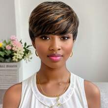 High Light Synthetic Wig Short Straight Pixie Short Bob Wig Honey Blonde Mixed With Black Hair For Ladies - Multicolor - View 7
