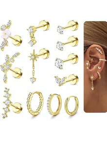 12 件女士平背软骨耳环 - 防过敏手术不锈钢耳钉环软骨耳环套装耳甲海螺耳屏耳轮穿孔珠宝