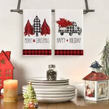 2pcs Christmas Cutlery Towels, Kitchen Towels With Christmas Tree Design, Red And Black Checkered Pattern, Kitchen Towel Set, Christmas Velvet, Christmas Decorations, Christmas Ornaments, Home Christmas Decorations, Kitchen Accessories, Cleaning Supplies, Kitchen Supplies, Kitchen Tidying Up. Winter Room Decor