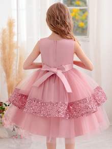 女孩粉色蝴蝶结亮片圣诞派对薄纱连衣裙，公主裙适合生日派对、晚会、婚礼花童、节日庆典