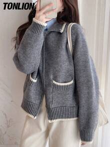 Tonlion 女式休闲复古风格撞色饰边领拉链开衫，秋冬