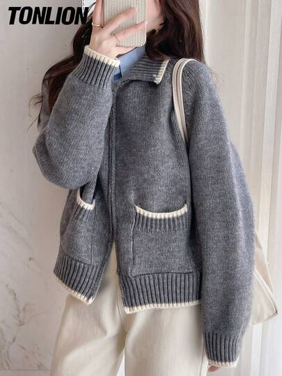  Tonlion 女式休闲复古风格撞色饰边领拉链开衫，秋冬