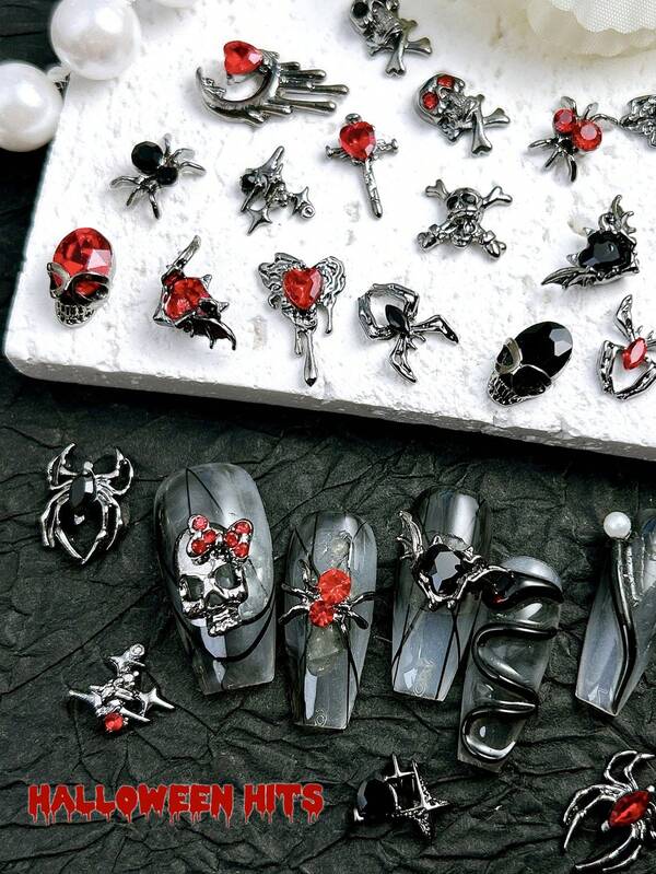 20pcs Random Vintage Dark Halloween Series Nail Decorations, Including Gun, Black, Cross, Skull, Heart, Angel Nail Jewelry Suitable For Girls And Women