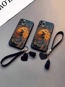 غطاء هاتف مقاوم للصدمات مطبوع عليه مكنسة ساحرة هالوين مع سير جلدي بشكل قلب، قابل للتعليق كتميمة DIY متوافق مع هواتف آيفون 17برو/17إير/17/17برو ماكس16/11/16برو/16بلس/16برو ماكس/16إي/15برو ماكس/13/14/12/XS/XR/7G/8P، وهواتف سامسونج S25/S25بلس/S25 ألترا/A16/A36/A26/A56/A50/A12/A32/A52/A72