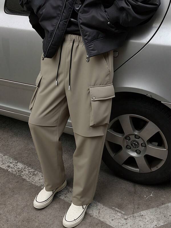 Pantalon cargo plissé pour hommes, pantalon droit ample à taille cordée, poches, décontracté, port quotidien, rendez-vous, extérieur, sport, mode de rue, polyvalent, automne