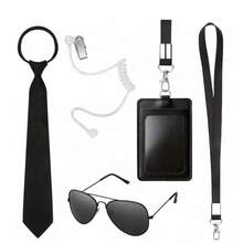 Bộ phụ kiện trang phục điệp viên 5 món, cà vạt thời trang có thể điều chỉnh, kính râm đen, thẻ ID, tai nghe đạo cụ, trang phục an ninh gián điệp, trang phục vệ sĩ, trang phục hóa trang Halloween cho nam và bé trai - màu đen - Xem 13