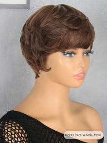 4 英寸短款精灵短发真人发假发 #4 摩卡色 150% 密度自然波浪真人发假发 自然直卷发造型假发 适合女性日常使用 - S4 - 查看 3