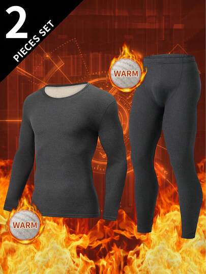 2pcs Men's Fashion Thermal Underwear Set, Autumn/Winter Warm Base Layer Knit Sweater