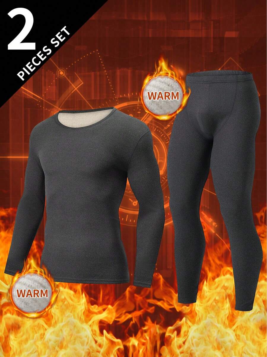 2pcs Men's Fashion Thermal Underwear Set, Autumn/Winter Warm Base Layer Knit Sweater - Dark Grey - View 1