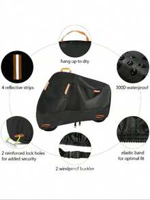 这款一体式黑色自行车/摩托车罩配有钥匙孔和储物袋，以及反光安全带和夜间使用的松紧带。可容纳 1-3 辆自行车。采用厚实耐用的牛津布制成，具有防水、防晒、防尘、防风和防紫外线功能。适用于重型公路自行车、山地自行车、全地形车、电动自行车、摩托车和 BMX 自行车。