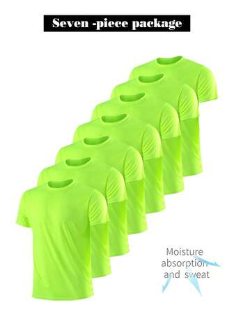 7 st. herrtröjor med lätt och andningsbar passform, snabbtorkande, fluorescerande gula rund halsringning, kortärmad - lämpliga för gym, löpning och utomhusaktiviteter, fitnesskläder