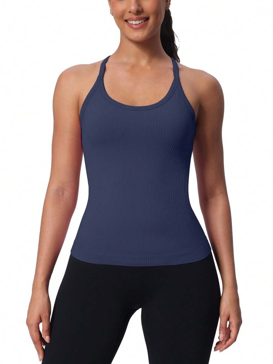 MathCat Workout Tank Tops For Women Built In Shelf Bras Padded -Racerback Athletic Tank Tops Ribbed Yoga Shirts - màu xanh hải quân - Xem 1