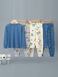 6pcs Boys Cartoon Car Print Thick Long Sleeve Top And Pants Pajama Set, Autumn/Winter Home Wear - Multicolor - View 2