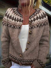 Women's Knitted Long Sleeve Regular Length Ribbed Knit Sweater With Fair Isle Pattern Cardigan - Maroon - View 2