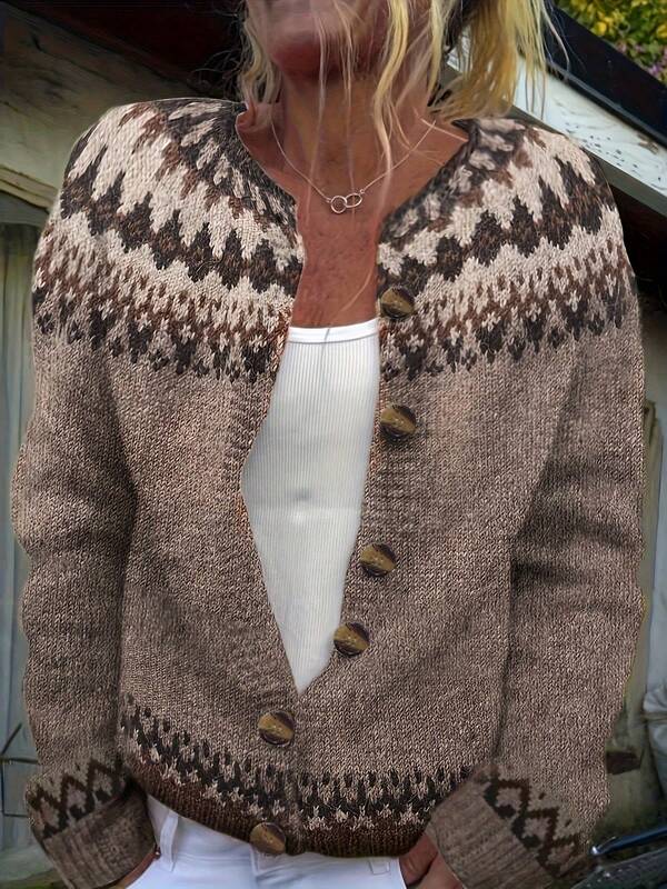 Suéter de manga larga y longitud regular de punto acanalado con patrón de Fair Isle para mujer