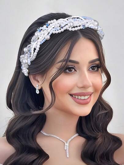 1pc Handmade Women's Headpiece, Multi-Color Faux Pearl Headband, Bridal Headpiece, Women's Hair Accessory, Wedding Photography Party Decoration, Women's Accessory, Dress Up Hair Accessory, Spring/Summer Hair Accessory