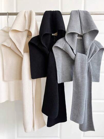 1pc Knitted Hooded Women Poncho, Warm And Versatile Outerwear For Autumn/Winter,Women Scarf For Dress