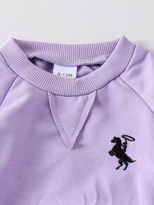 2pcs Baby/Baby Girl Casual Everyday Horse Embroidery Long Sleeve Sweatshirt And Sweatpants Set, Lightweight For Spring/Autumn