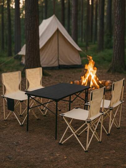 5 Stücke tragbarer mittlerer Outdoor Klapptisch & Stuhl Set, geeignet für Camping, Picknick, Roadtrip, Tischgröße: 95*52*50 cm