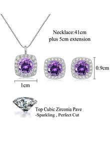 1 Set Genuine 925 Sterling Silver Amethyst Purple Cubic Zirconia Engagement Pendant Necklace Jewelry Set For Women, Festival/Anniversary Gift - Purple - View 8
