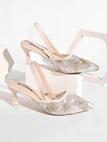 新款中国风白色高跟穆勒鞋，尖头蕾丝刺绣套脚凉鞋，猫跟鞋 - 米色 - 查看 7