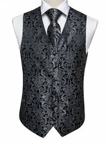 Plus Size Mens Waistcoat Grey Floral Vest Tuxedo Gilet Tie Pocket Square Cufflinks Set Wedding Formal Casual Business Party - 灰色 - 查看 2