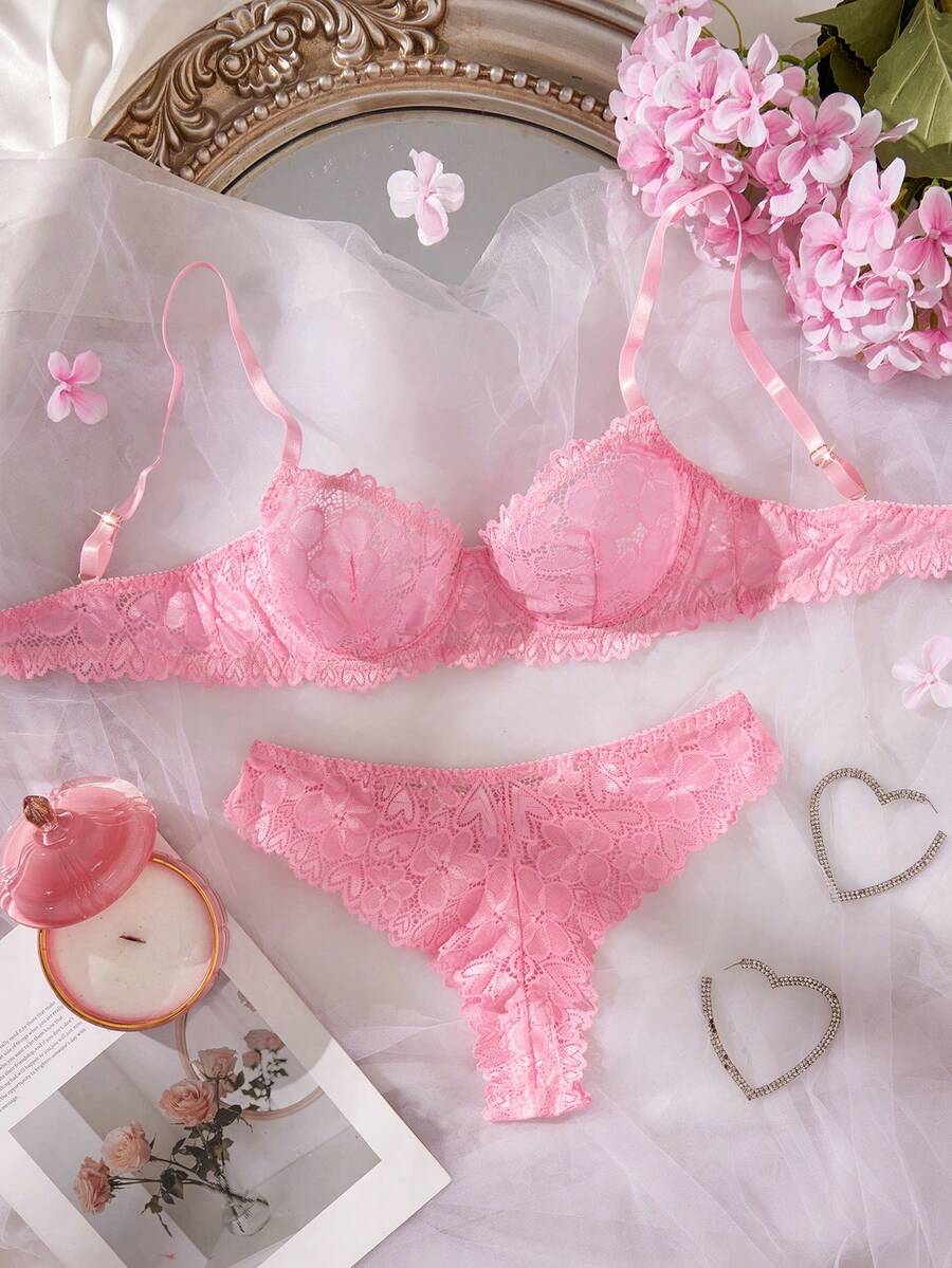 Lace Trim Sexy Lingerie Set For Women - Pink - View 1