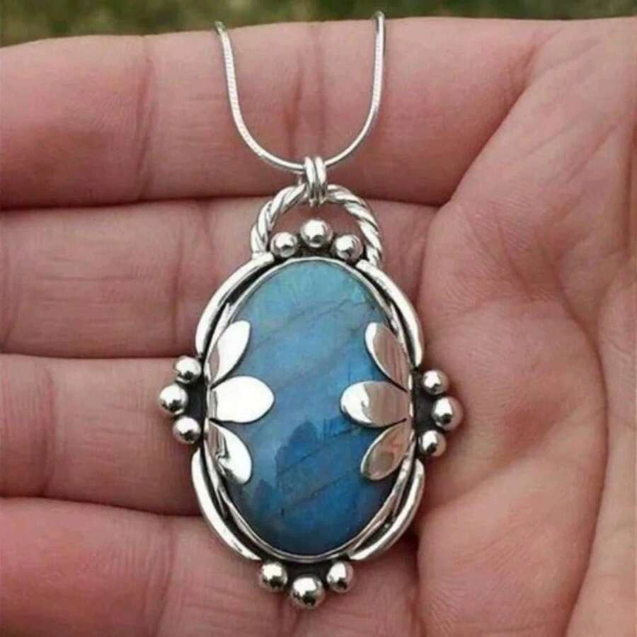 Fashion Bohemian Style Art Style Adult Novelty Party Gift Fine Blue Oval Smooth Natural Stone Pendant Necklace Sweater Chain - 銀色 - 查看 1