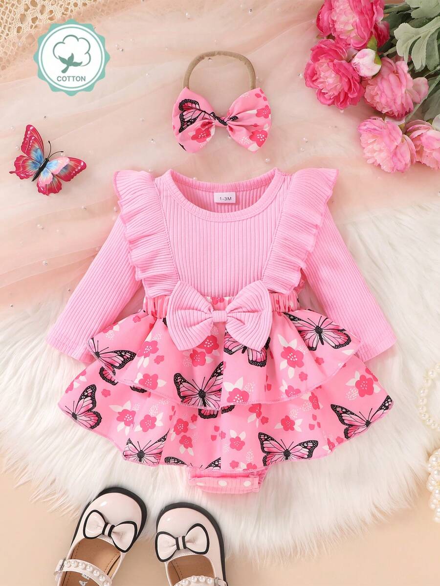 2pcs Set, Casual, Elegant, Sweet, Cute, Baby Girl Dress, Infant Romper, Autumn/Winter Clothing, Soft & Comfortable, Bow Decor, Patchwork Butterfly Print Ruffle, Layered, Dress Romper & Bow Headband