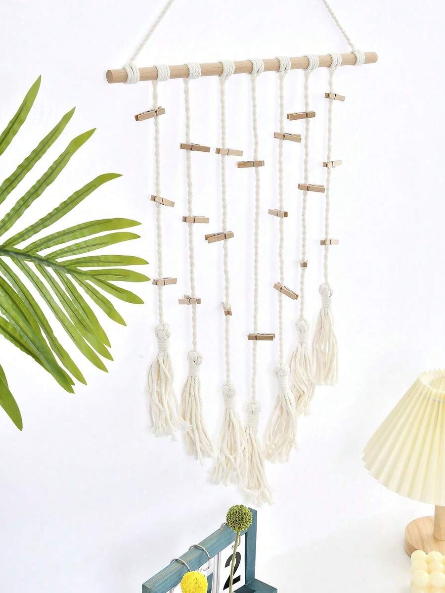 1 pieza Colgante de pared de encaje y tejido a ganchillo estilo bohemio con pinzas para fotos, decoración artesanal bohemia blanca para el hogar, adecuado para decoración de pared en dormitorios, apartamentos, dormitorios - Multicolor - Ver 1