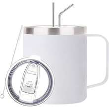 Termo para Cafe de Acero Inoxidable 14OZ,Taza Termica de Asa de 400ML,con Tapa Hermética,2-Pajita y 2-Cepillo de Limpieza,Taza Termica Frio y Caliente Portátil,Vaso de Viaje para Cafe,Té,Agua y Bebidas - blanco - Ver 1