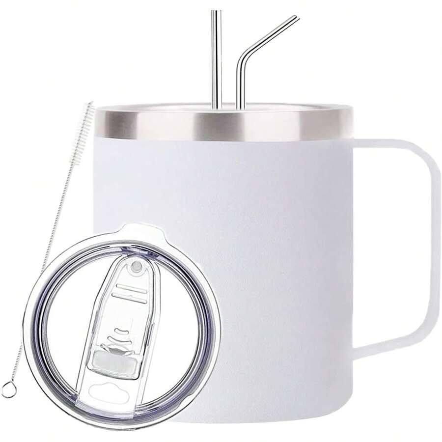 Termo para Cafe de Acero Inoxidable 14OZ,Taza Termica de Asa de 400ML,con Tapa Hermética,2-Pajita y 2-Cepillo de Limpieza,Taza Termica Frio y Caliente Portátil,Vaso de Viaje para Cafe,Té,Agua y Bebidas - blanco - Ver 1