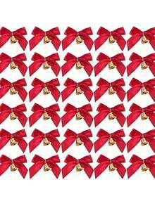 Mini nœud en ruban rouge avec clochette dorée - Décoration de Noël élégante, mariage, faveur de fête - Pas de piles nécessaires - Pour l'emballage de cadeaux, la décoration de chaussures, la fabrication de bijoux - Décoration artisanale de fête, ornement festif, tissu satiné, très adapté pour les décorations de fête de Noël, les décorations d'emballage de cadeaux de Noël