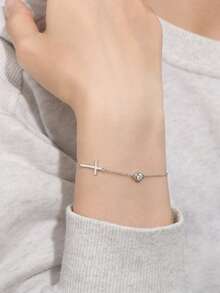 XUJIA 1pc 925 Sterling Silver 4mm (0.3 Carat) Round Cut Moissanite Bracelet, Classic Cross Design Bracelet, Women's Daily/Birthday/Anniversary Jewelry Gift