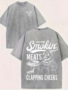 Pig Mascot - "Smokin' MEATS And CLAPPING CHEEKS" Graphic Printed Street Style Men's Casual Wear 230g Washed Cotton Round Neck Short Sleeve Comfortable & Breathable Double - Sided Printed Tee For Summer High - Quality Design - 灰色 - 查看 1