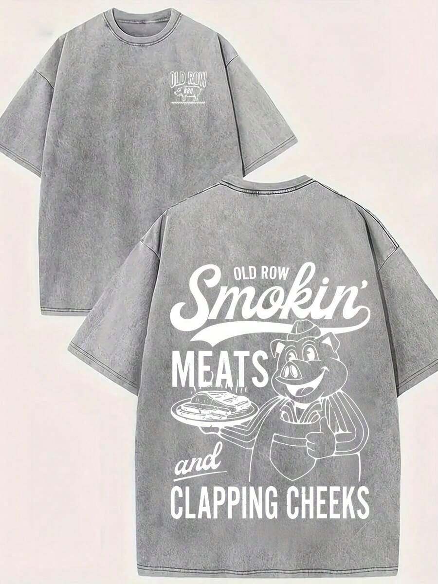 Pig Mascot - "Smokin' MEATS And CLAPPING CHEEKS" Graphic Printed Street Style Men's Casual Wear 230g Washed Cotton Round Neck Short Sleeve Comfortable & Breathable Double - Sided Printed Tee For Summer High - Quality Design - 灰色 - 查看 1