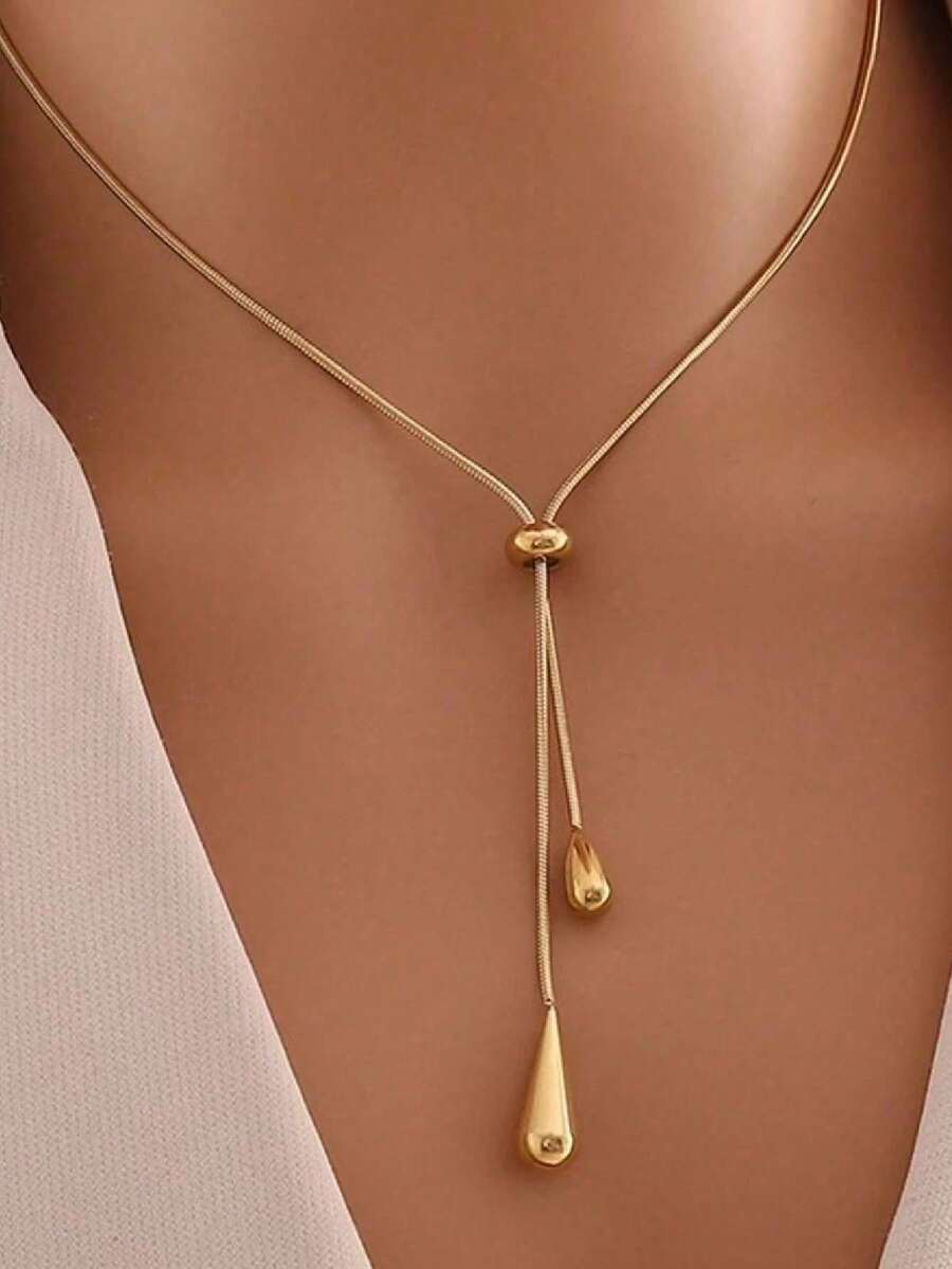 1pc Stainless Steel Retro Minimalist High-End Metallic Water Drop Pendant Necklace - Gold - View 1