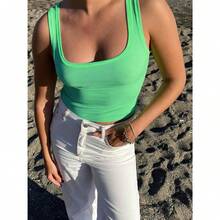 Camiseta de mujer de costilla con acolchado, top de entrenamiento de cuello cuadrado, top corto ajustado, camiseta básica de tirantes - Verde neón - Ver 4