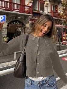 SEREN Autumn And Winter New Women's Round Neck Camel Color Single Breasted Long Sleeved Knitted Cardigan Top, Fashionable, Simple, Versatile, Street Casual And Lazy Style Suitable For Daily Commuting Sweater Coat Women's Clothing Chic Autumn