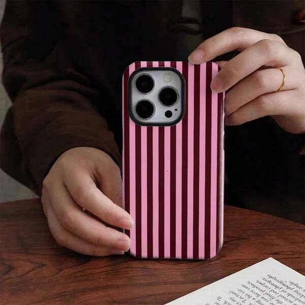 1 pieza Funda de teléfono con patrón vertical rosa y marrón, estilo deportivo, de moda, serie de rayas completa