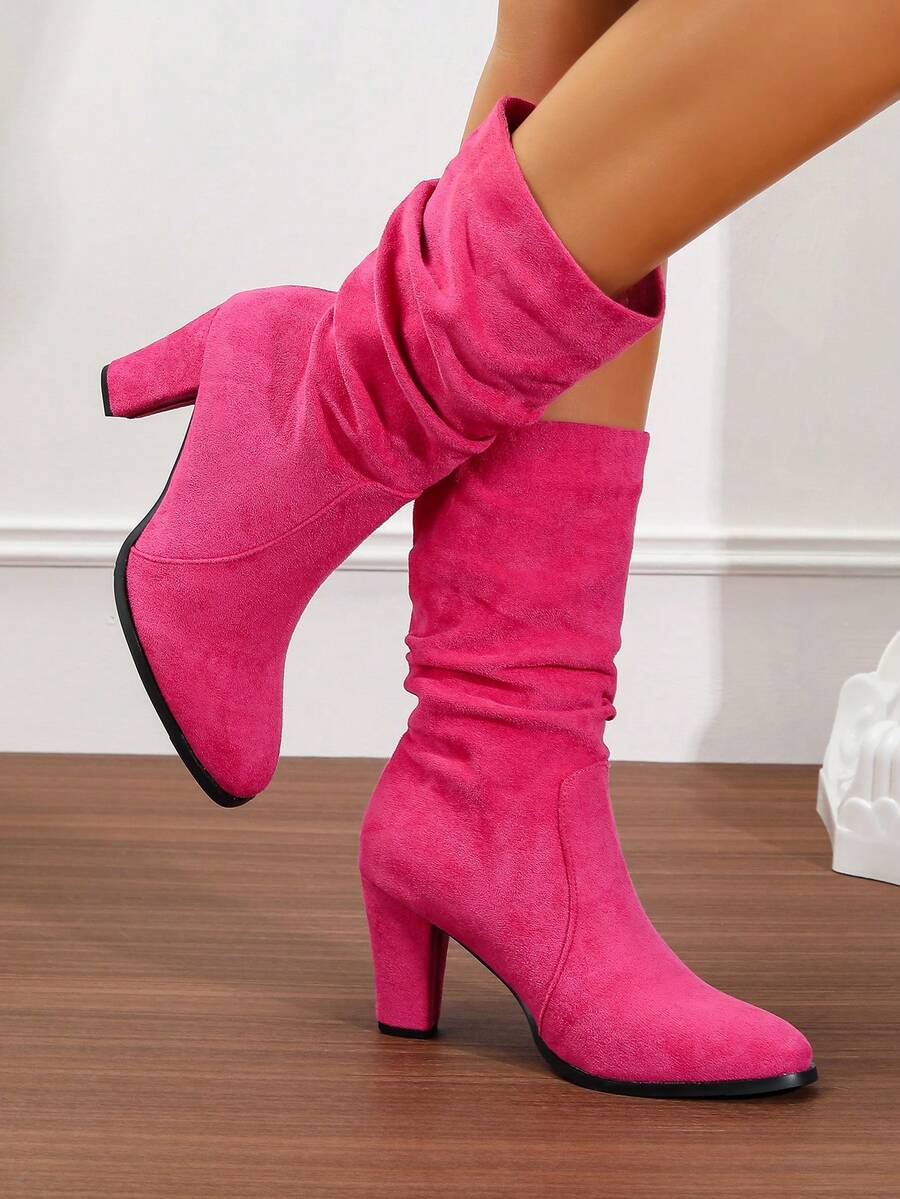 粗跟休闲靴圆头绒面革修身高筒靴女款，秋冬新款中筒马靴，仿皮草，酒红色 - 西瓜粉 - 查看 1