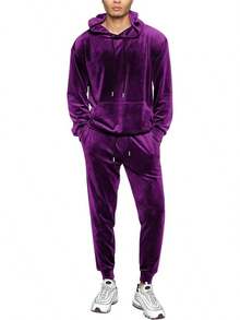 Mens 2 Piece Velour Hoodie Tracksuit Long Sleeve Velvet Hooded Pullover Casual Athletic Jogging Sweatsuit Set-2025 - 紫色 - 查看 1
