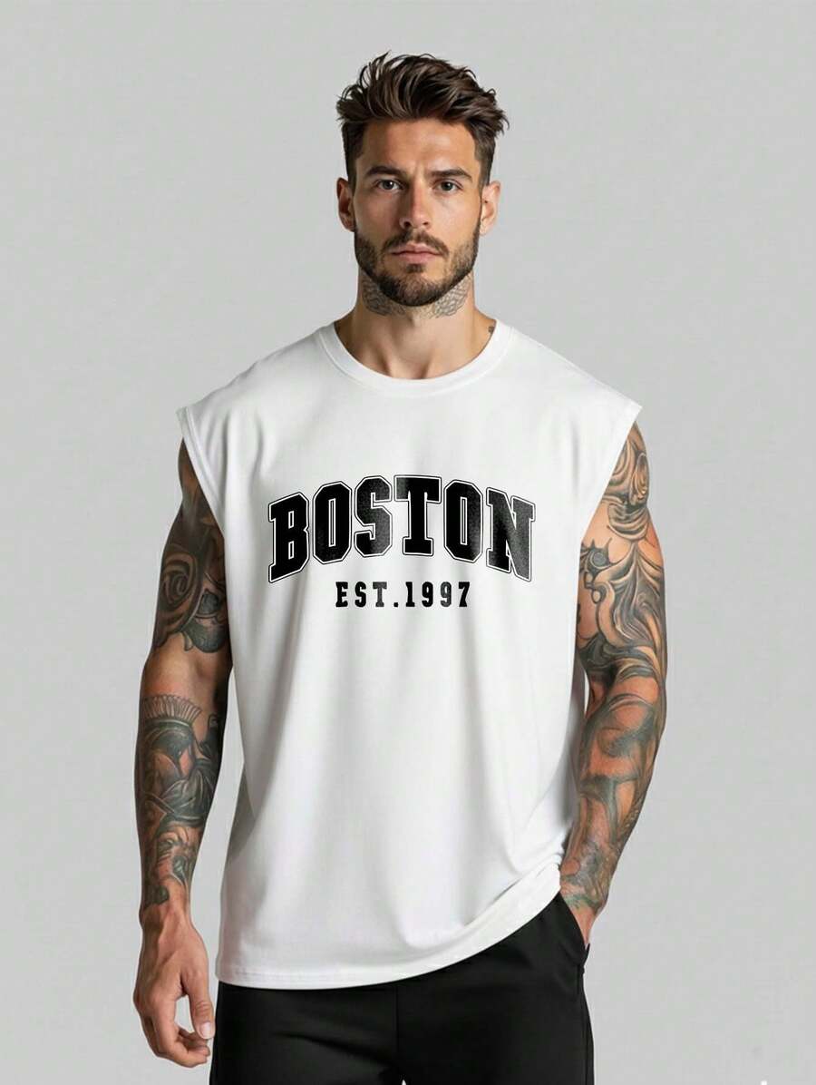 Men's Boston Oversized Tank Top Sleeveless Shirt Street And Sport Wear - trắng - Xem 1