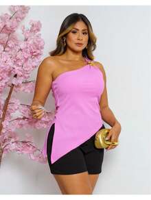 Women's One Shoulder Tank Top With Flower Buckle  Summer Fashion Stylish - 淺粉色 - View 2