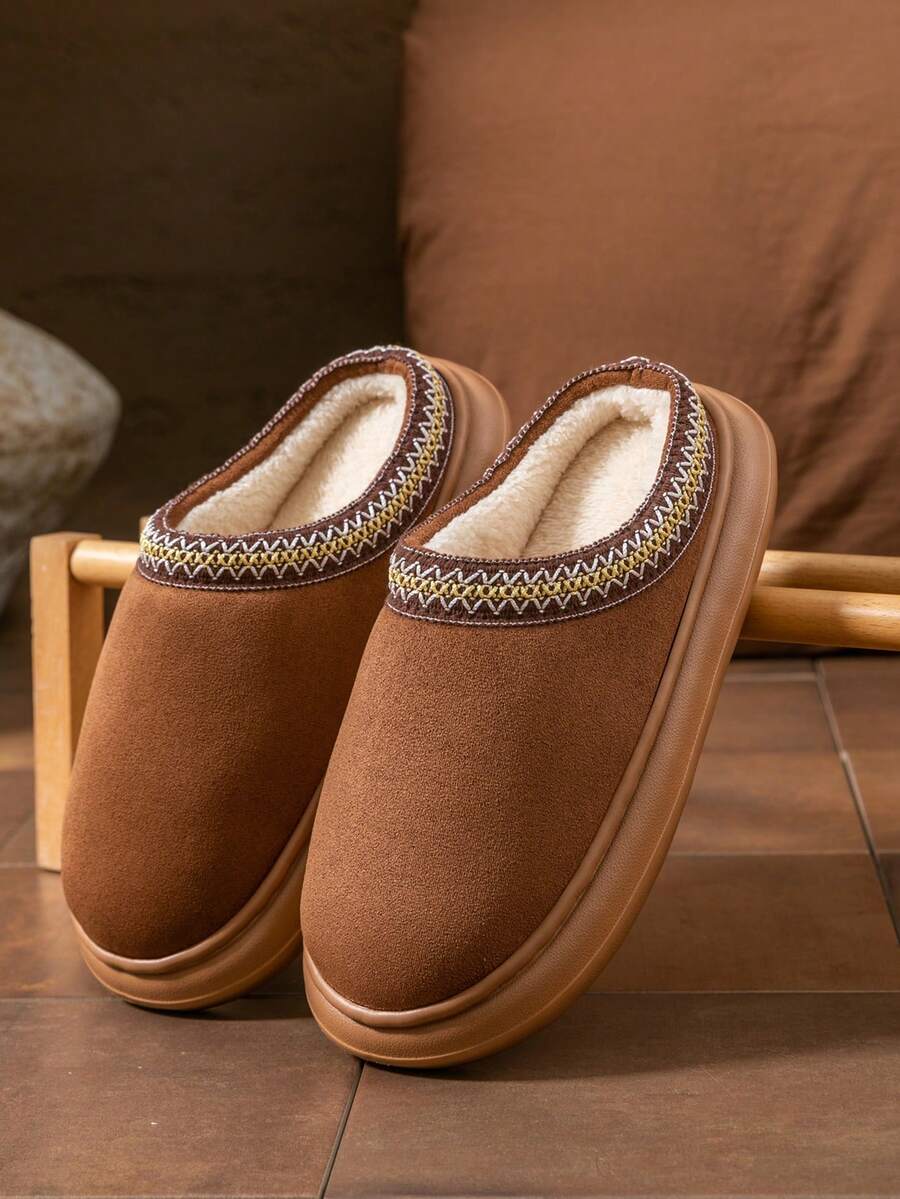 Solid Color Plush Slippers For Autumn/Winter, EVA Thick Bottom Non-Slip Faux Suede Plush Fabric Upper Warm Shoes, Soft Bottom Indoor/Outdoor Wear Suitable For Winter - Coffee Brown - View 1