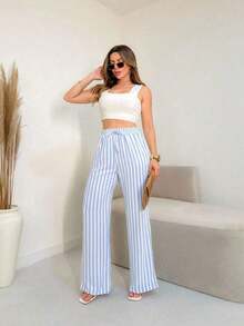 Wide Leg Striped Elastic Palazzo Pants With Pockets - Baby Blue - View 5