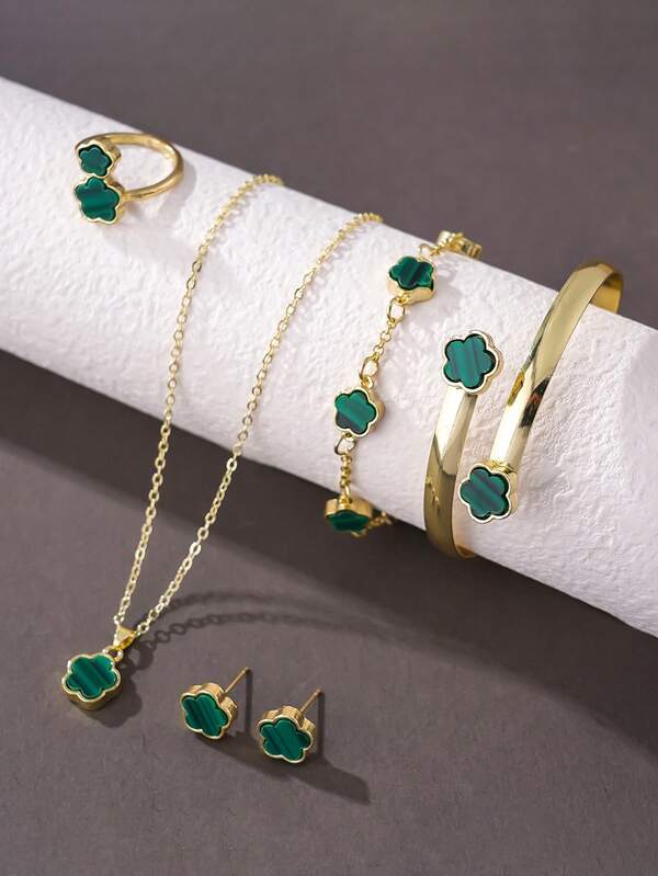 1 Set Of Fashionable Classic Lucky Green Petal Design Bracelet Necklace Earring Set